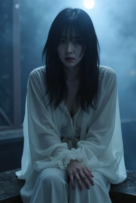 Create a scene featuring a beautiful Japanese actress is captured in a chilling scene from a horror movie. She has lifeless, pale skin and an unhealthy complexion, with deep purple lips. Her long, unkempt black hair is disheveled, partially obscuring her f...