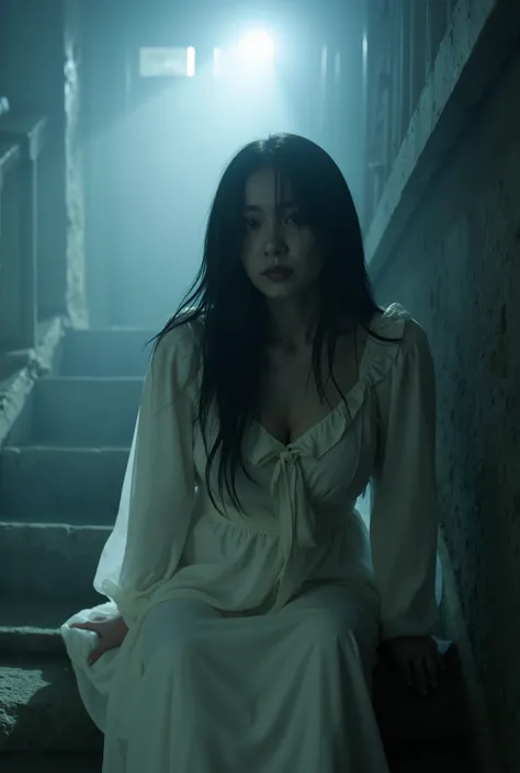 Create a scene featuring a beautiful Japanese actress is captured in a chilling scene from a horror movie. She has lifeless, pale skin and an unhealthy complexion, with deep purple lips. Her long, unkempt black hair is disheveled, partially obscuring her f...