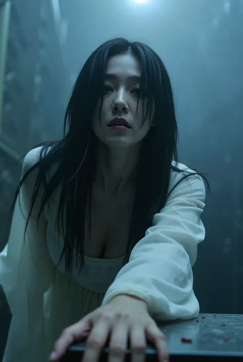Create a scene featuring a beautiful Japanese actress is captured in a chilling scene from a horror movie. She has lifeless, pale skin and an unhealthy complexion, with deep purple lips. Her long, unkempt black hair is disheveled, partially obscuring her f...