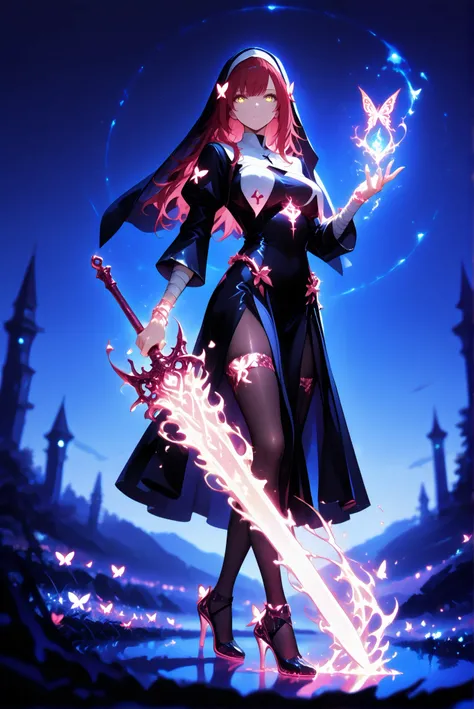 1 woman, Dragon Slayer, Giant Weapon, sword , holding sword , holding a weapon, Hole High Heels Limited color palette , Colorful, vivid color ,Flashing silhouette ,Neon ,Black light , masterpiece, is very beautiful ,red hair, long hair, hair ornaments,gold...