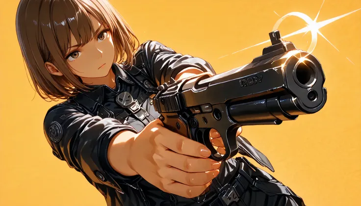 anime style,1 woman,Ready your pistol, holds it with both hands ,Cool Woman,Straight face,( Diagonal Upward Angle),short hair,blackの目,has a simple background,black