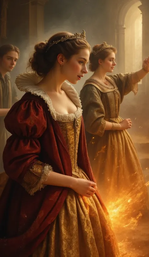 rmbt,
18th century,

2girl,
The Queen and Snow White,

The young queen,
Snow White's stepmother,
A very beautiful woman,
Her heart is as cold as ice, but her beauty is the second highest in the world,
Haughty and condescending attitude,
Her long dress is b...