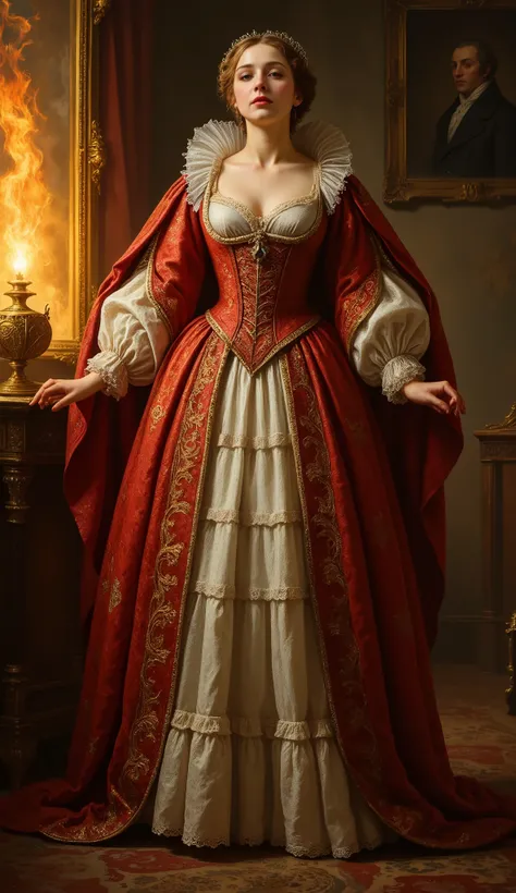 rmbt,
18th century,

The young queen,
Snow White's stepmother,
A very beautiful woman,
Her heart is as cold as ice, but her beauty is the second highest in the world,
Haughty and condescending attitude,
Her long dress is burning with fire,
The queen is fur...
