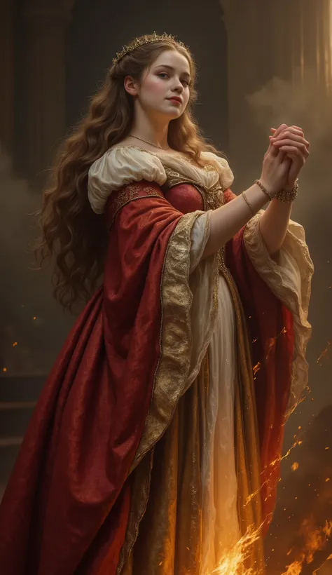 rmbt,
18th century,
1girl, 1guy,
The young queen,
Snow White's stepmother,
A very beautiful woman,
Her heart is as cold as ice, but her beauty is the second highest in the world,
Haughty and condescending attitude,
Her long dress is burning with fire,
The ...