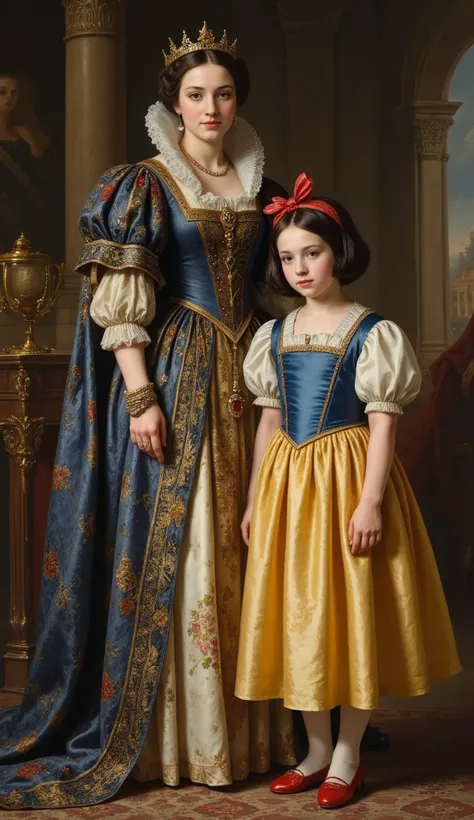 rmbt,
18th century,
2girl,
The Queen and Snow White,
The young queen,
Snow White's stepmother,
A very beautiful woman,
Hard as ice but the second most beautiful in the world,
Arrogant and condescending attitude,
A gorgeous long dress,
Snow White at the ...