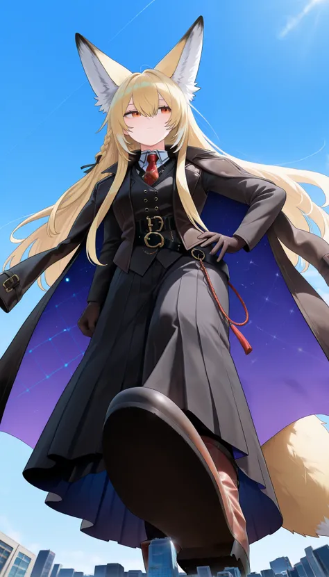 Vulpisfolia, fox girl, long hair, blonde hair, hair between eyes, braid, animal ears, animal ear fluff, orange eyes
black coat, coat on shoulders, black jacket, long sleeves, black vest, white shirt, collared shirt, red necktie, black gloves, long skirt, b...
