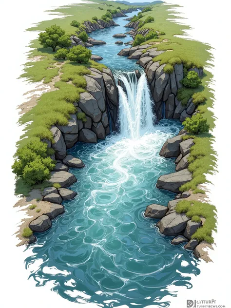 High quality, 8K Ultra HD, best quality, super detailed, Artist's sketch style, thick lines, Composition viewed from above, no people,Captured the movement of the Babbling brook,Torrent,River flow sketch,Transparency,clearly visiblewave,small splash, analo...