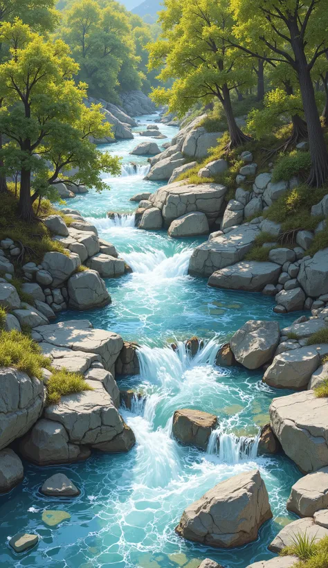 High quality, 8K Ultra HD, best quality, super detailed, Artist's sketch style, thick lines, Composition viewed from above, no people,Captured the movement of the Babbling brook,Torrent,River flow sketch,Transparency,clearly visiblewave,small splash, analo...