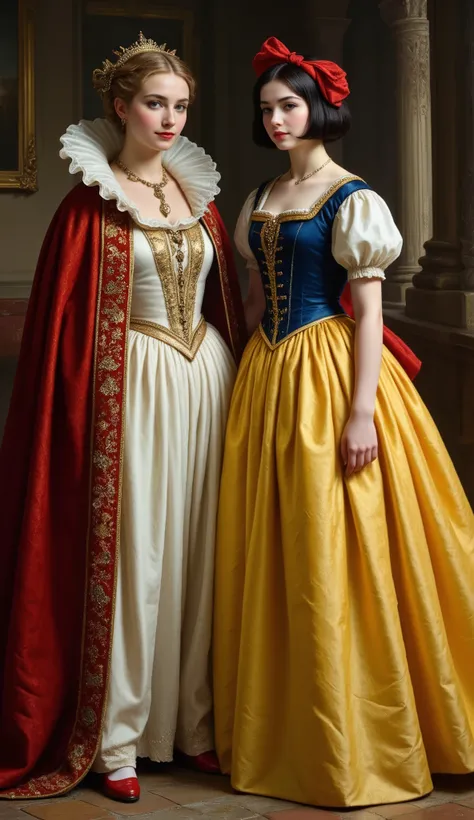 rmbt,
18th century,

2girl,
The Queen and Snow White,

The young queen,
Snow White's stepmother,
A very beautiful woman,
Hard as ice but the second most beautiful in the world,
Arrogant and condescending attitude,
A gorgeous long dress,

Snow White at the ...