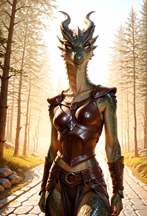 (anthro_dragon,female,high detailed scalie skin, slim body), ultra realistic, full growth, detailed facial features, Skyrim, Skyrim leather armor, stone road, seductive expression, aesthetics of the female body, elegant posture, serene expression, piercing...