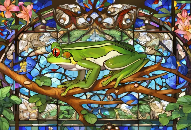 fantastic,Stained Glass,8K High Definition Detailed Art, highly detailed digital art, beautiful digital art , very beautiful digital art , Frogs are the main,beautiful digital paint