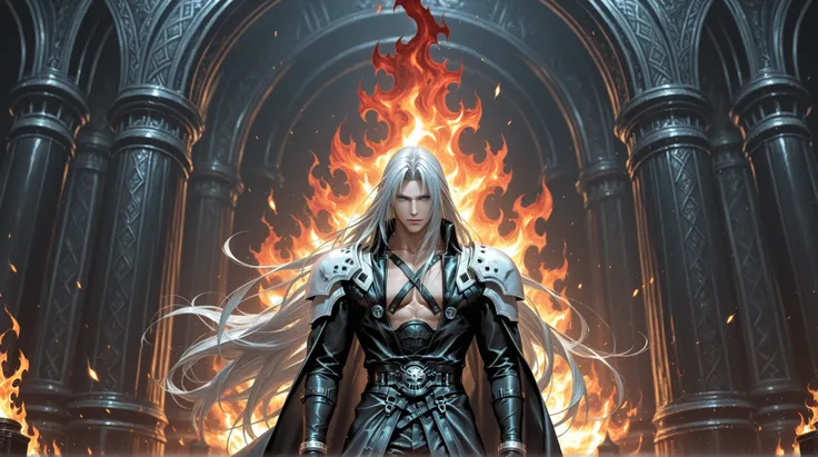 1boy,male, Sephiroth final fantasy, long hair, Silver hair, long black jacket, black pants, armor, shoulder pads, background of flames, wallpaper, extremely detailed, masterpiece, best quality,absurdres