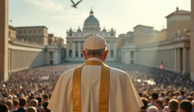 A cinematic, photorealistic image of St. Peter's Square in Vatican City, filled with a quiet, expectant crowd of pilgrims and tourists standing still, all looking up toward the central window of the Apostolic Palace. From their point of view, an elderly re...