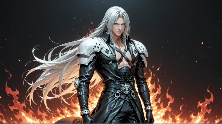 1boy,male, Sephiroth final fantasy, long hair, Silver hair, long black jacket, black pants, armor, shoulder pads, background of flames, wallpaper, extremely detailed, masterpiece, best quality,absurdres