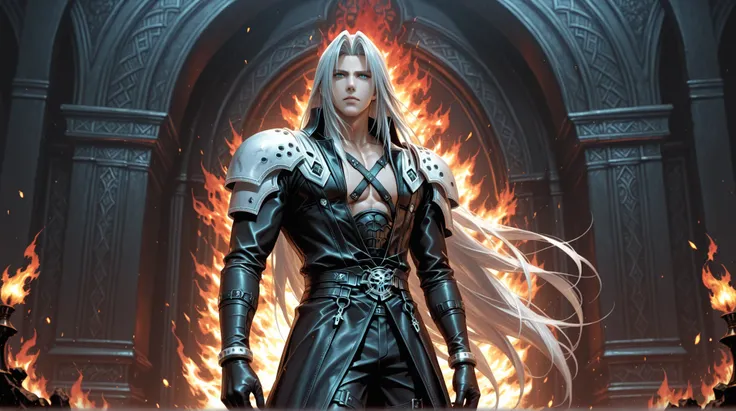 1boy,male, Sephiroth final fantasy, long hair, Silver hair, long black jacket, black pants, armor, shoulder pads, background of flames, wallpaper, extremely detailed, masterpiece, best quality,absurdres