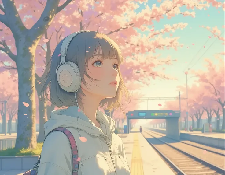 A spring afternoon at a Japanese train station surrounded by cherry blossom trees in full bloom. A young woman stands on the station platform, waiting for a train. She is a college freshman. She looks up at the sky with a happy expression, looking forward ...