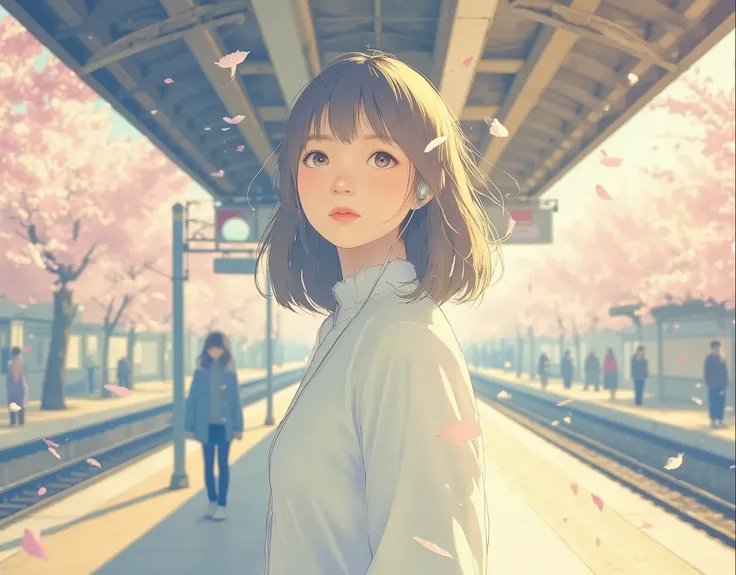 A spring afternoon at a Japanese train station surrounded by cherry blossom trees in full bloom. A young woman stands on the station platform, waiting for a train. She is a college freshman. She looks up at the sky with a happy expression, looking forward ...