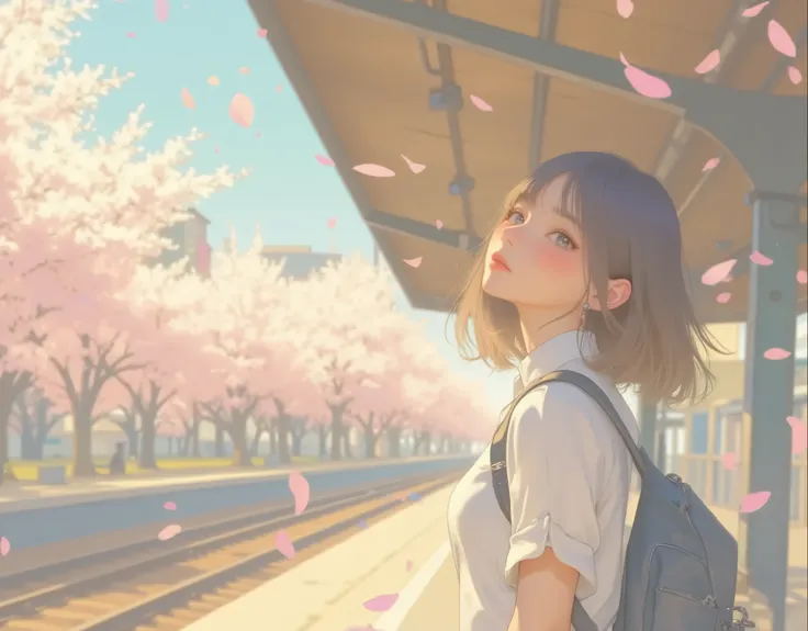 A spring afternoon at a Japanese train station surrounded by cherry blossom trees in full bloom. A young woman stands on the station platform, waiting for a train. She is a college freshman. She looks up at the sky with a happy expression, looking forward ...