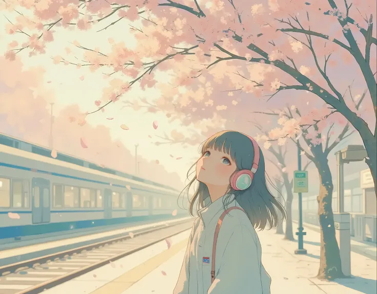 A spring afternoon at a Japanese train station surrounded by cherry blossom trees in full bloom. A young woman stands on the station platform, waiting for a train. She is a college freshman. She looks up at the sky with a happy expression, looking forward ...