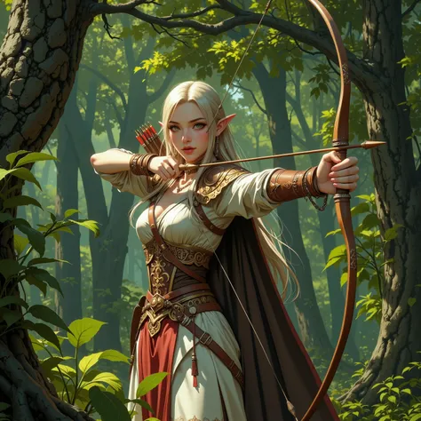 ((Best Quality)),( super high definition),(Super detailed),( detailed description ),((The best CG)),(masterpiece),elf,elf costume,(the elf will shooting arrow from her elf’s bow,aiming viewer), face