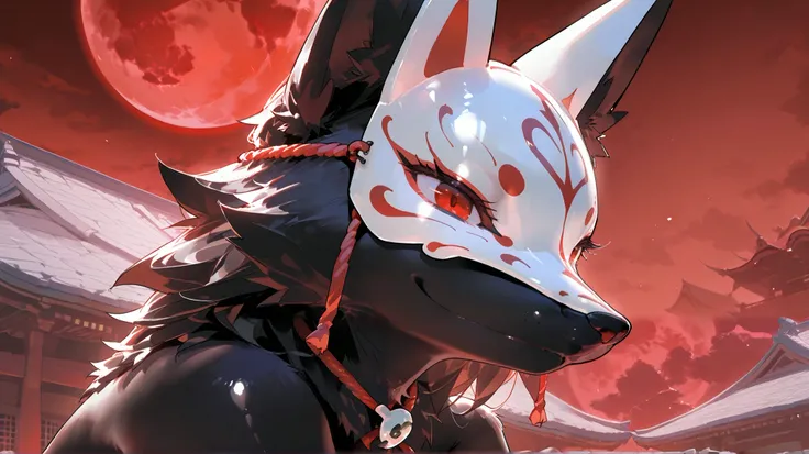 is written in depth,A girl wearing a fox mask、Sitting on the roof of a rubble-covered tavern,Shrine maiden,Black fur,wide,Red Eyes,Red Moon, Shiny Skins,( affected smile ),(close-up:1.3),Extension arm