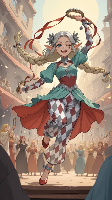 Create a dynamic and vibrant concept art piece of a adult elf woman performing as an acrobat dancer in a medieval city square. She moves with grace and energy, striking an eye-catching pose mid-dance while winking playfully at the audience. In her right ha...