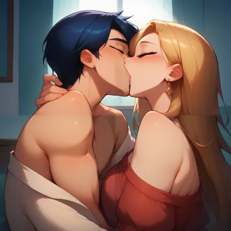 Shirtless boy kissing and making out with a sexy women wearing an off shoulder dress on the bed during night time as the moonlight accentuates their love making