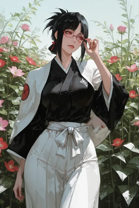 "A beautiful Japanese woman, mature in appearance (mlif), with striking red eyes, full lips, and beauty marks beneath her right eye and left lip. Her long, black hair is styled in a chignon, and she wears small, red-rimmed adult glasses. Dressed in a shin...