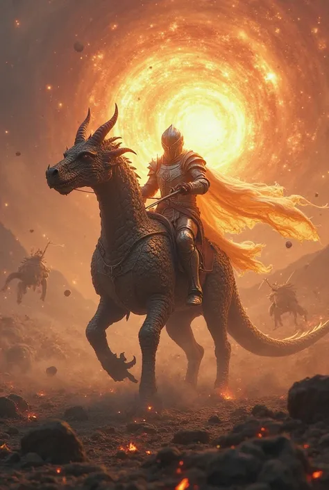 Knight of Light, Supernova arc, on the back of a dragon, on the battlefield, style solitaire 