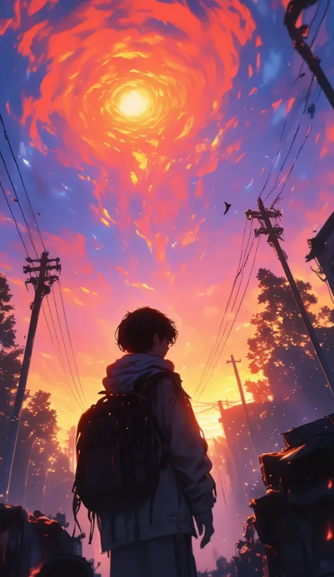 Create an image of a striking and atmospheric scene set during sunrise or sunset, featuring a dramatic sky painted in vibrant hues of orange, pink, and blue. The sky should be filled with voluminous, billowing clouds, illuminated by the warm glow of the su...