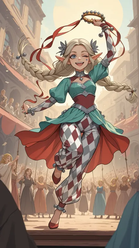 Create a dynamic and vibrant concept art piece of a adult elf woman performing as a dancer in a medieval city square. She moves with grace and energy, striking an eye-catching pose mid-dance while winking playfully at the audience. In her right hand, she h...