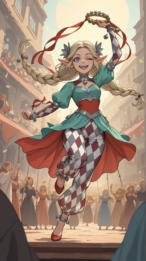 Create a dynamic and vibrant concept art piece of a adult elf woman performing as a dancer in a medieval city square. She moves with grace and energy, striking an eye-catching pose mid-dance while winking playfully at the audience. In her right hand, she h...