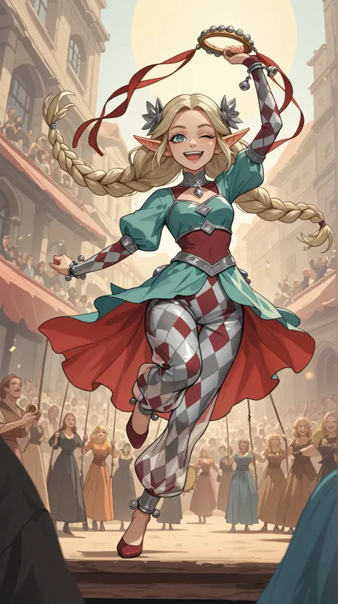 Create a dynamic and vibrant concept art piece of a adult elf woman performing as a dancer in a medieval city square. She moves with grace and energy, striking an eye-catching pose mid-dance while winking playfully at the audience. In her right hand, she h...