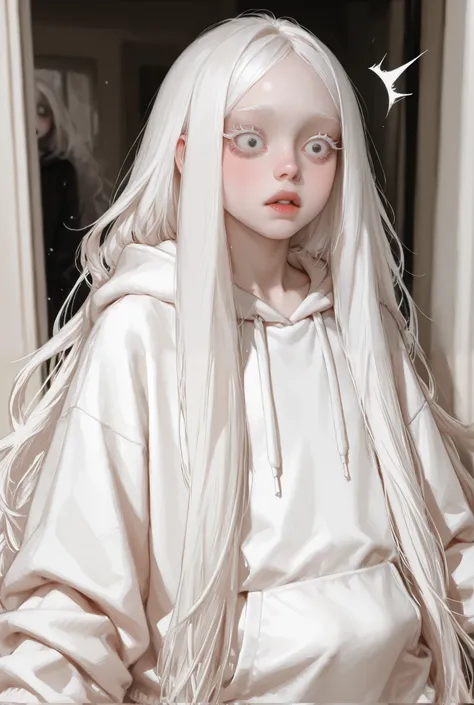 A albino girl, small chest, round but slightly slim face, very long and coily hair, no bangs, round, plump, full lips, monolid, thin almond eyes, long white lashes, wearing an oversized hoodie, cute shocked and surprised expression.