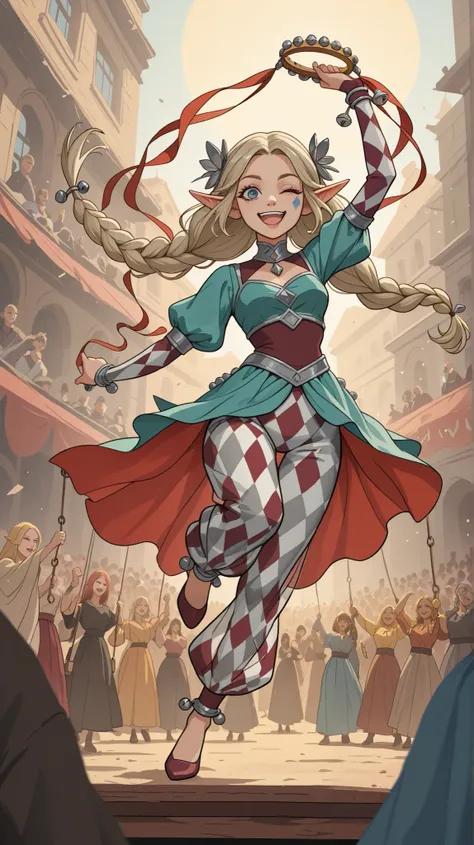 Create a dynamic and vibrant concept art piece of a adult elf woman performing as a dancer in a medieval city square. She moves with grace and energy, striking an eye-catching pose mid-dance while winking playfully at the audience. In her right hand, she h...
