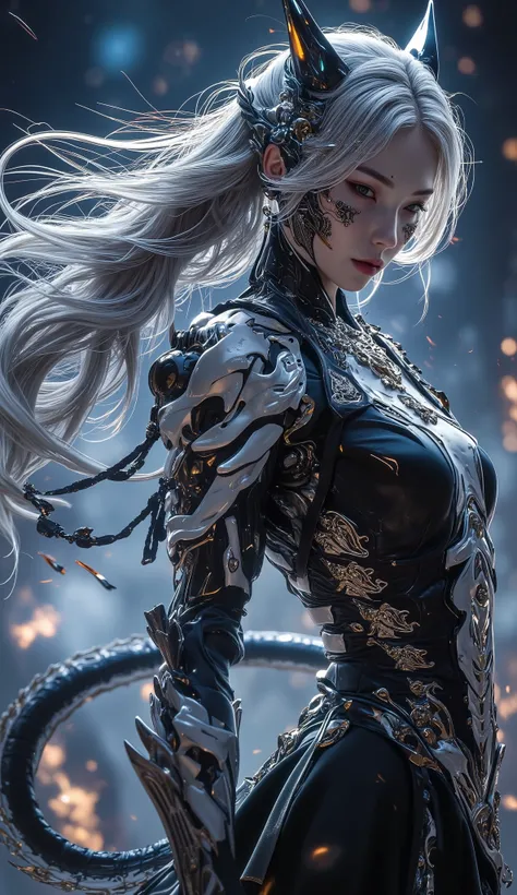 A Charming Work , Shows a Mighty Witch, One Eye Closed , Mysterious Breath , Silver Hair Flowing in the Wind , Charming Armor , Streamline Tail Like a Fox , Weiwu Pace ,night,Desert Elegant , Lightning Magic
