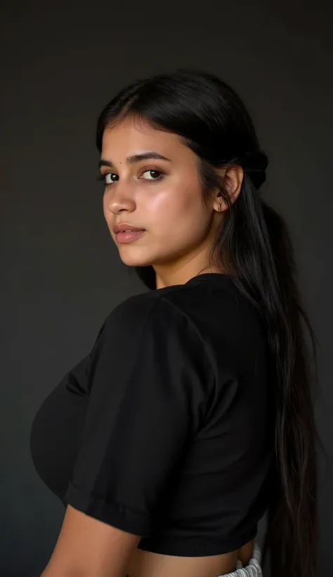 A stunning intricate full color portrait of (sks woman:1), wearing a black t-shirt with cropped in the belly part, cropped turtleneck, dark plain background, epic character composition, by ilya kuvshinov, alessio albi, nina masic, sharp focus, natural ligh...