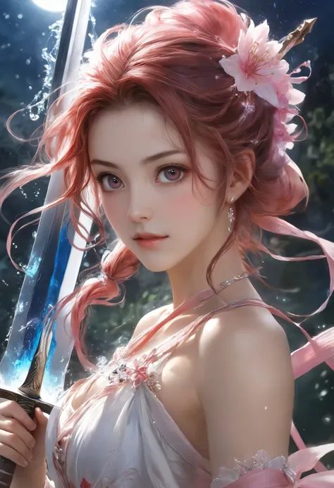 Classic painting, like 18 century drawing, chiaroscuro, (Hoshimi Miyabi from Zenless Zone Zero), gentle beautiful woman, in mystic sakura garden near the lake, messy hair, fighting with a long two-handed sword, no makeup, cute detailed face, beautiful eyes...
