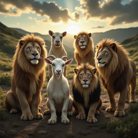 PHOTO 2 goats,and 4 lionesses,goat face is witty humor,lioness is aggressive,authentic,details,4K, sharp ,super quality,realistic,vivid color,magnificent landscape,natural light,threatening atmosphere, Horror style ,Illustrations, 6 ANIMALS ARE TAKING PICT...