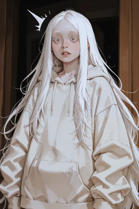 A albino girl, small chest, round but slightly slim face, very long and coily hair, very long hair, no bangs, round, plump, full lips, monolid, thin almond eyes, long white lashes, wearing an oversized hoodie, cute shocked and surprised expression.