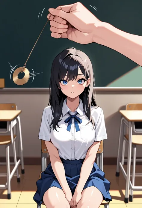 (masterpiece, ultra high definition, 16k, RAW photo, intricate), sharp focus, crisp details, 1girl , black hair, long hair, (Neat hair), shiny hair, blue eyes, medium breasts, school uniform, white shirt, blue neck ribbon, blue skirt, brown shoes, White...