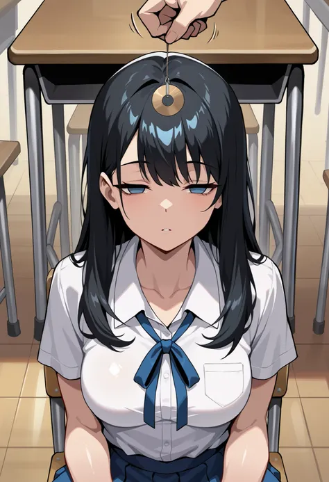 (masterpiece, ultra high definition, 16k, RAW photo, intricate), sharp focus, crisp details, 1girl , black hair, long hair, (Neat hair), shiny hair, blue eyes, medium breasts, school uniform, white shirt, blue neck ribbon, blue skirt, ( Classroom at a Sc...