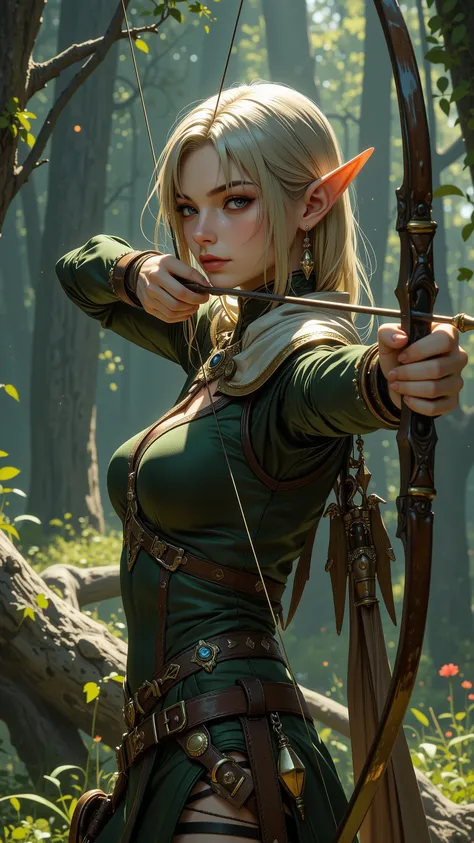 ((Best Quality)),( super high definition),(Super detailed),( detailed description ),((The best CG)),(masterpiece),elf,elf costume,(the elf will shooting arrow from her elf’s bow,aiming viewer), face,The gaze is looking far away,(full body shot:1.5),(angle ...