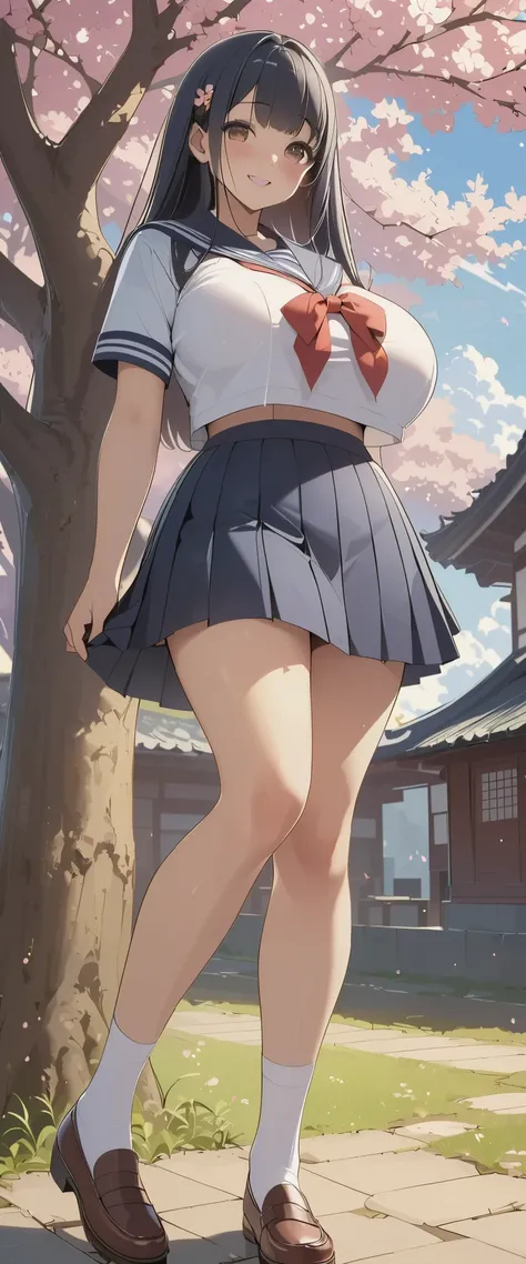 ( Masterpiece, Best Quality,  details, absurd:1.2), Japanese women, Women's College, ( long dark blue hair, Boring bangs), Beautiful Character Designs, Close, beautiful eyes with attention to detail, brown eyes, smile, (sailor suit,Sailor skirt), (垂れた huge...