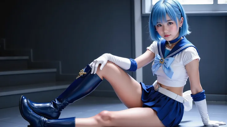 (dutch angle:1.5),(8k photo quality),
1 japanese girl, the sailor Mercury. beautiful, by Sailor Moon, extremely detailed artgerm,short blue dyed hair!!!!!, Must have short blue hair. anime girl in a sailor suit and blue boots and blue short skirt”, high re...