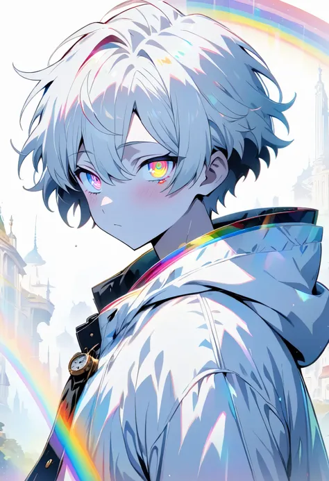 [(WHITE BACKGROUND:1.5)], ((masterpiece)), high quality, ((solo)), ((1 younger boy)), (white color short hair), (rainbow color eye), bright skin, white parka, ((anime style)), (clock rainbow effect:1.3),