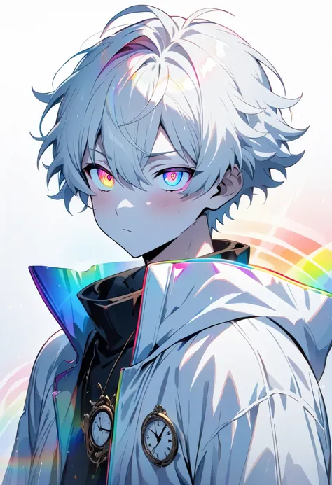 [(WHITE BACKGROUND:1.5)], ((masterpiece)), high quality, ((solo)), ((1 younger boy)), (white color short hair), (rainbow color eye), bright skin, white parka, ((anime style)), (clock rainbow effect:1.3),
