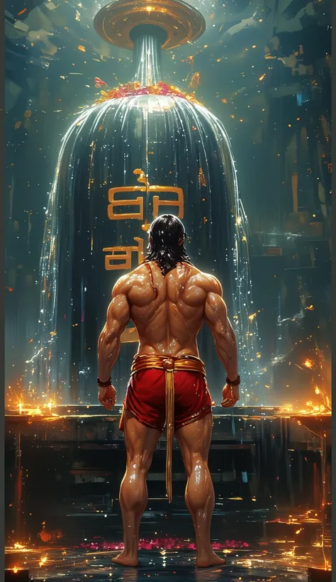 lord hanuman dhoti colour is safforon and he ups his hand and join his hand