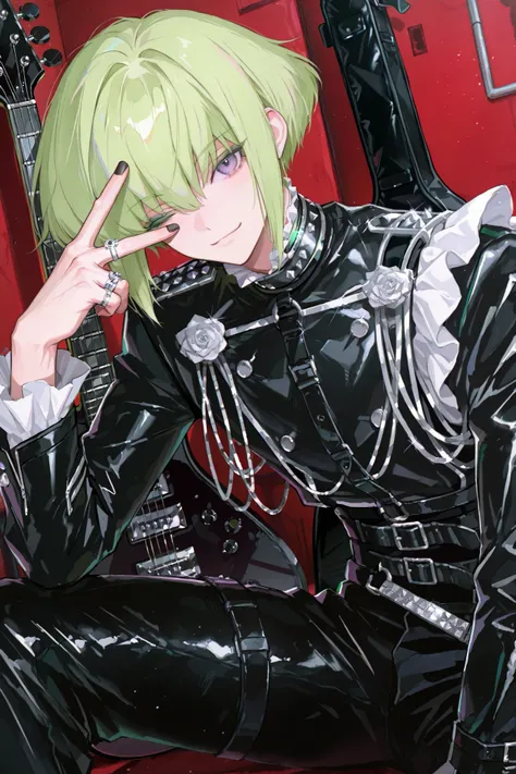 1male,handsome,visual kei style,medium hair, heavy black eyeliner, green eyeshadow,black leather outfit adorned with silver chains, studs,rings,His pose is confident,dimly lit backstage dressing room,scattered guitar cases,green hair,black nail,peace sign,...