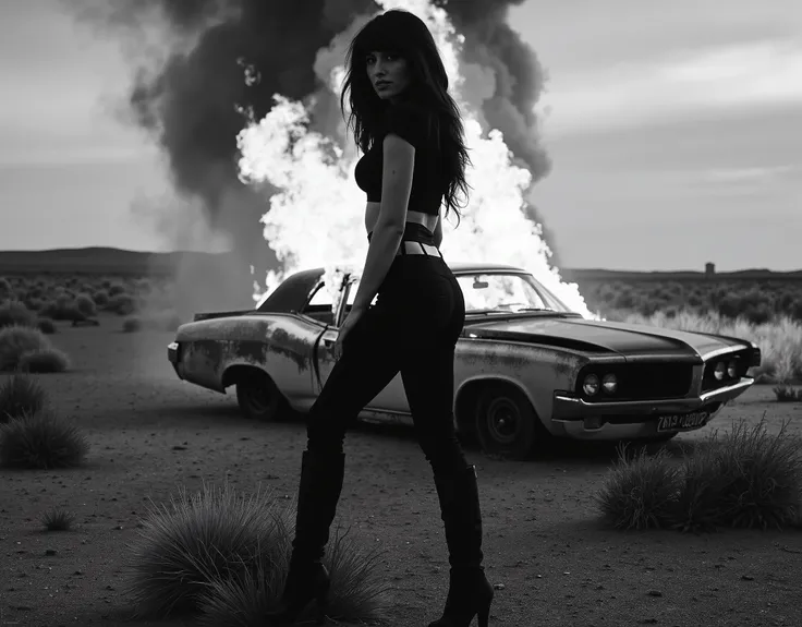 Cinematic black-and-white photography, low-angle shot of a striking woman standing in the foreground with her back to the viewer, exuding confidence and dominance. She is dressed in a tight-fitting black outfit—short-sleeved top with a plunging neckline, h...